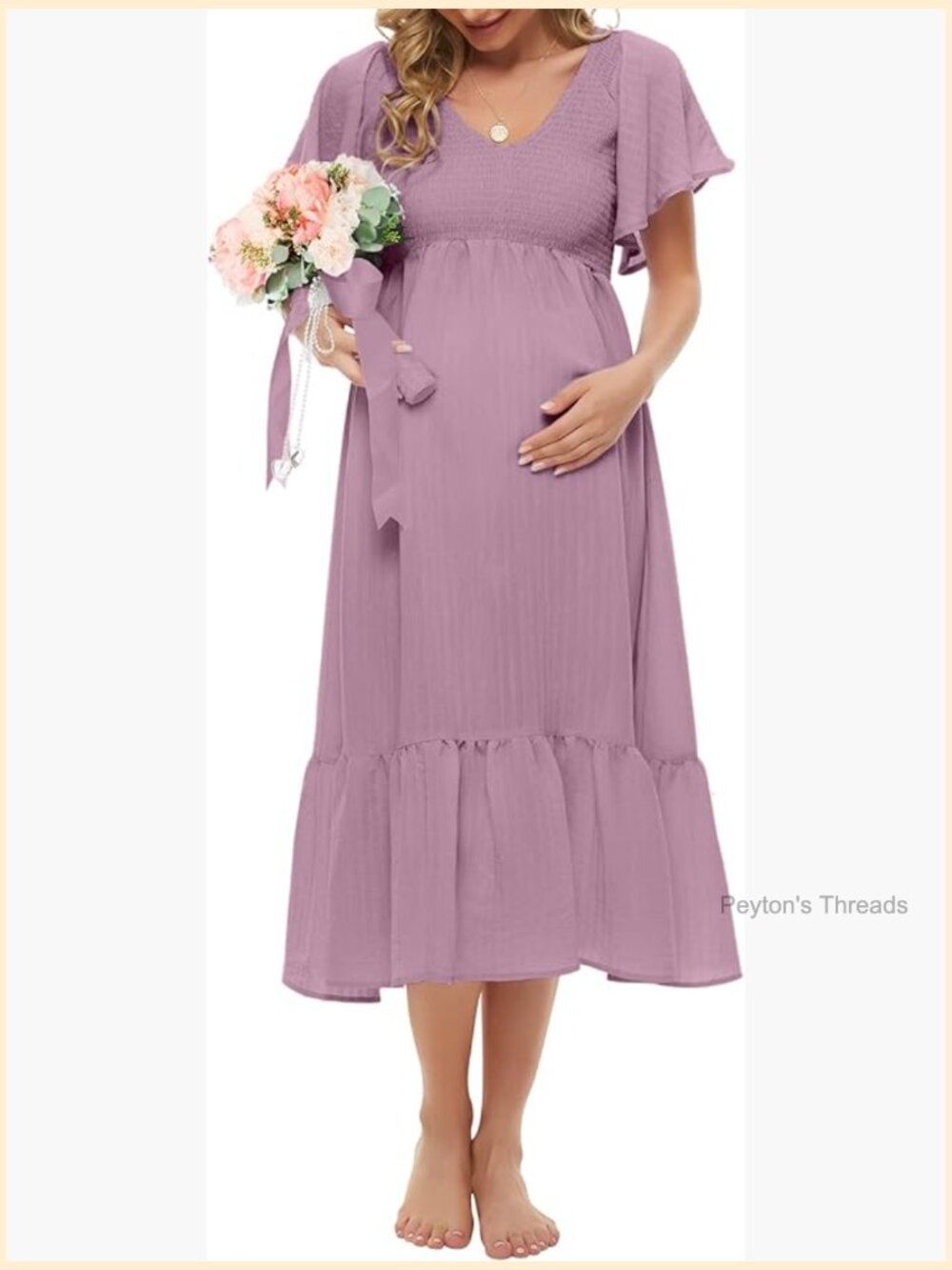 Boho Flutter Short Sleeve V-Neck Smocked Midi Maternity Dress
